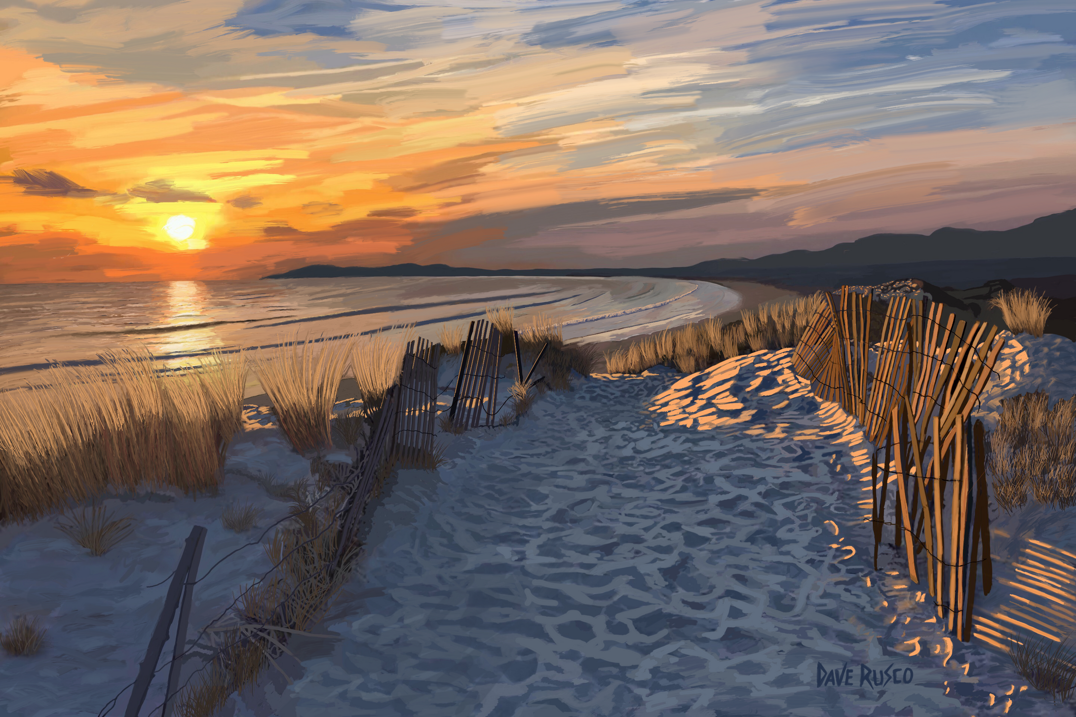 Beach Access at Sundown Digital painting. Reproduction on canvas. 16x20 or various sizes.