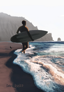 Surfing at Morro Bay. Digital painting. 16x20 reproduction on canvas.