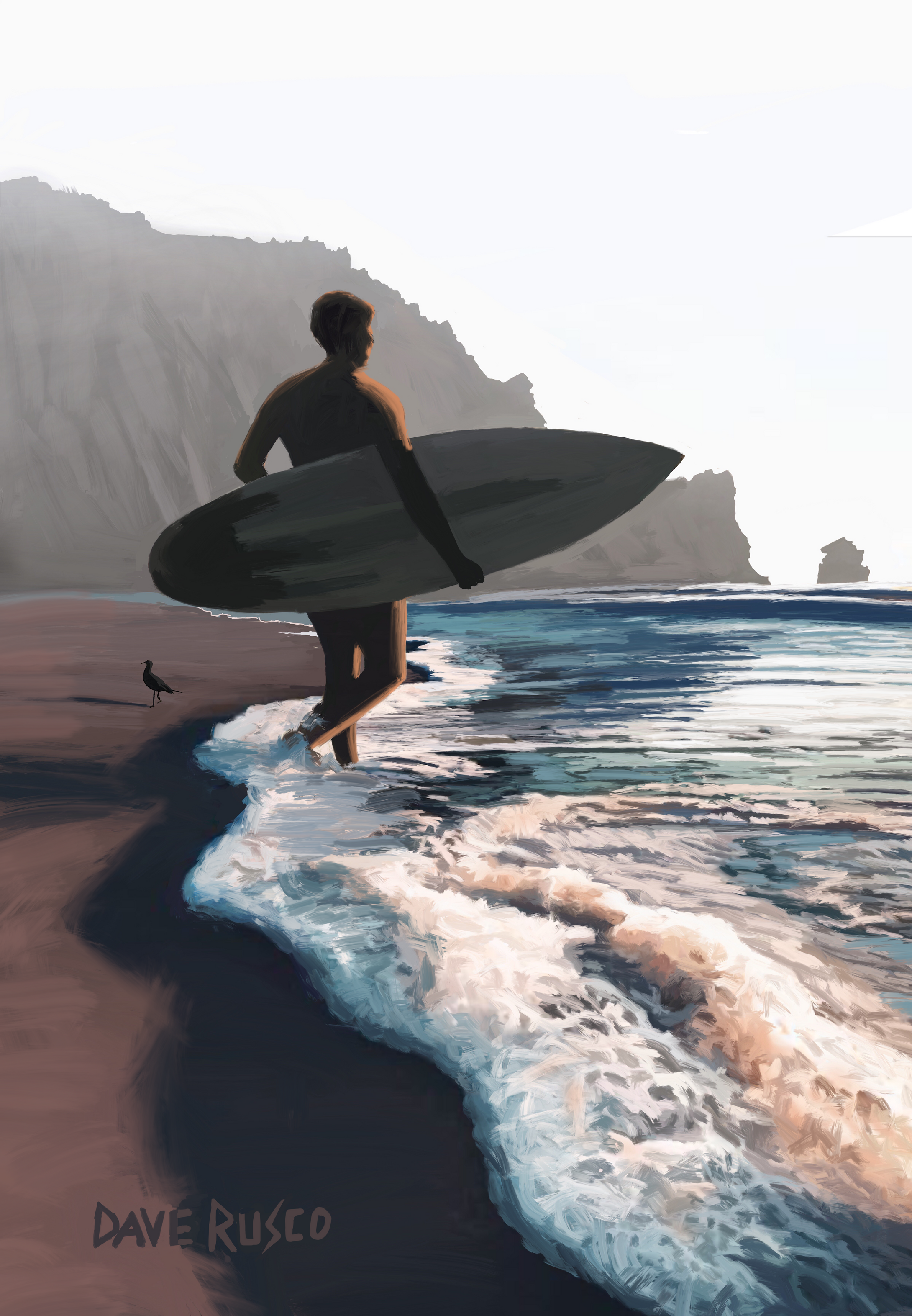 Surfing in Morro Bay. Digital painting. Reproduction on canvas, 16x20, 11x14