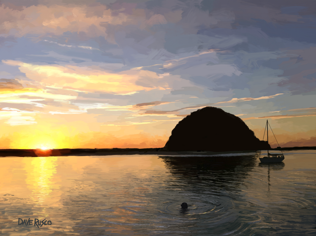 Morro Bay Sunset. Digital painting. Reproduction on canvas